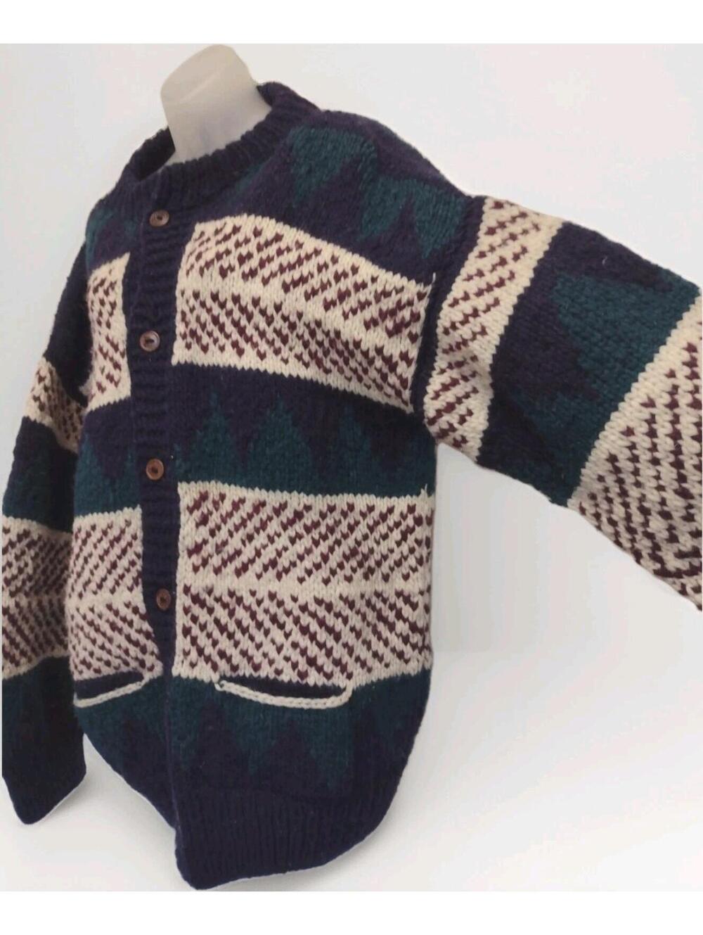 VTG 80s Handmade Ecuador Wool Cardigan Rey Wear Wool Geometric Pattern Men 3X